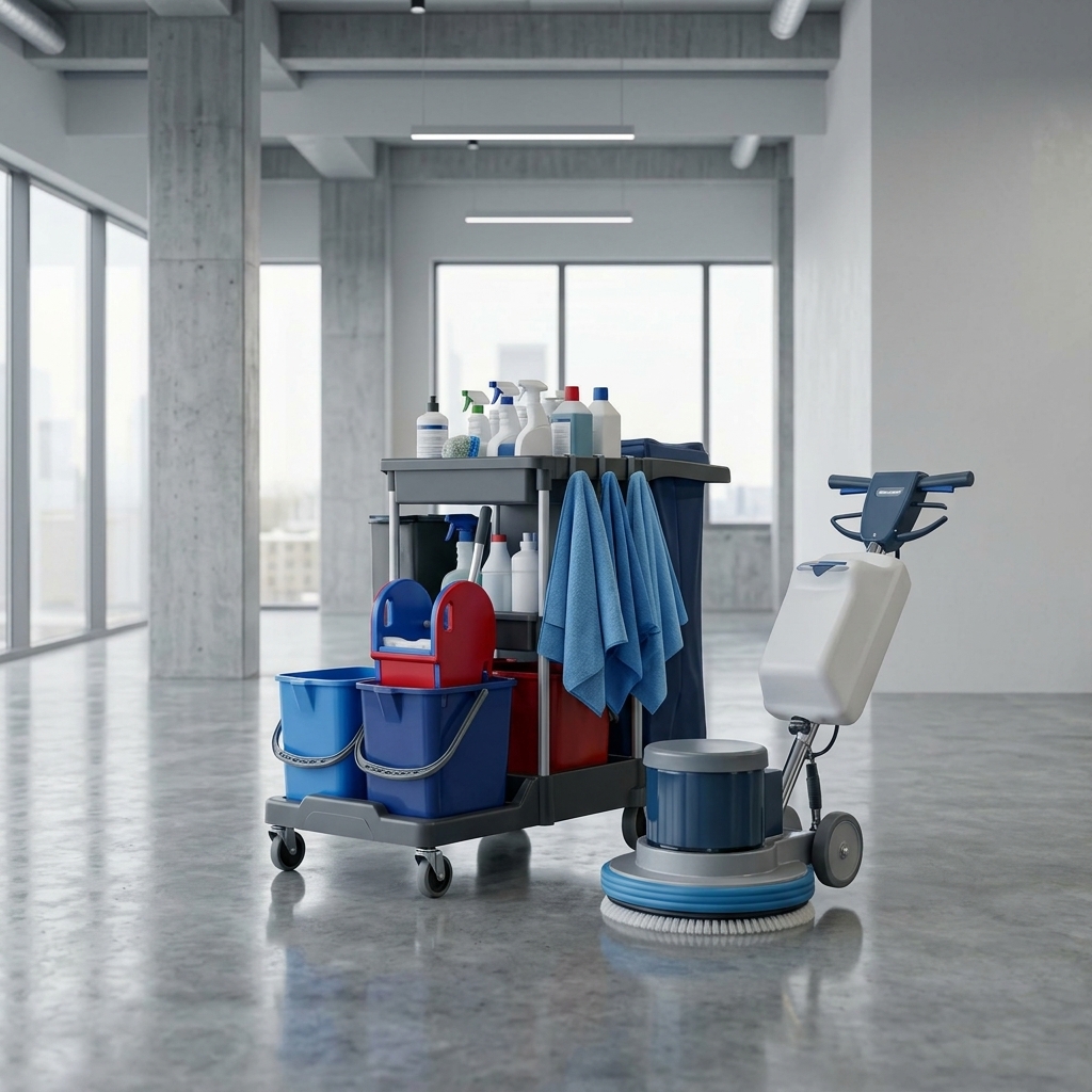 Chariot de ménage et monobrosse pour le nettoyage de locaux