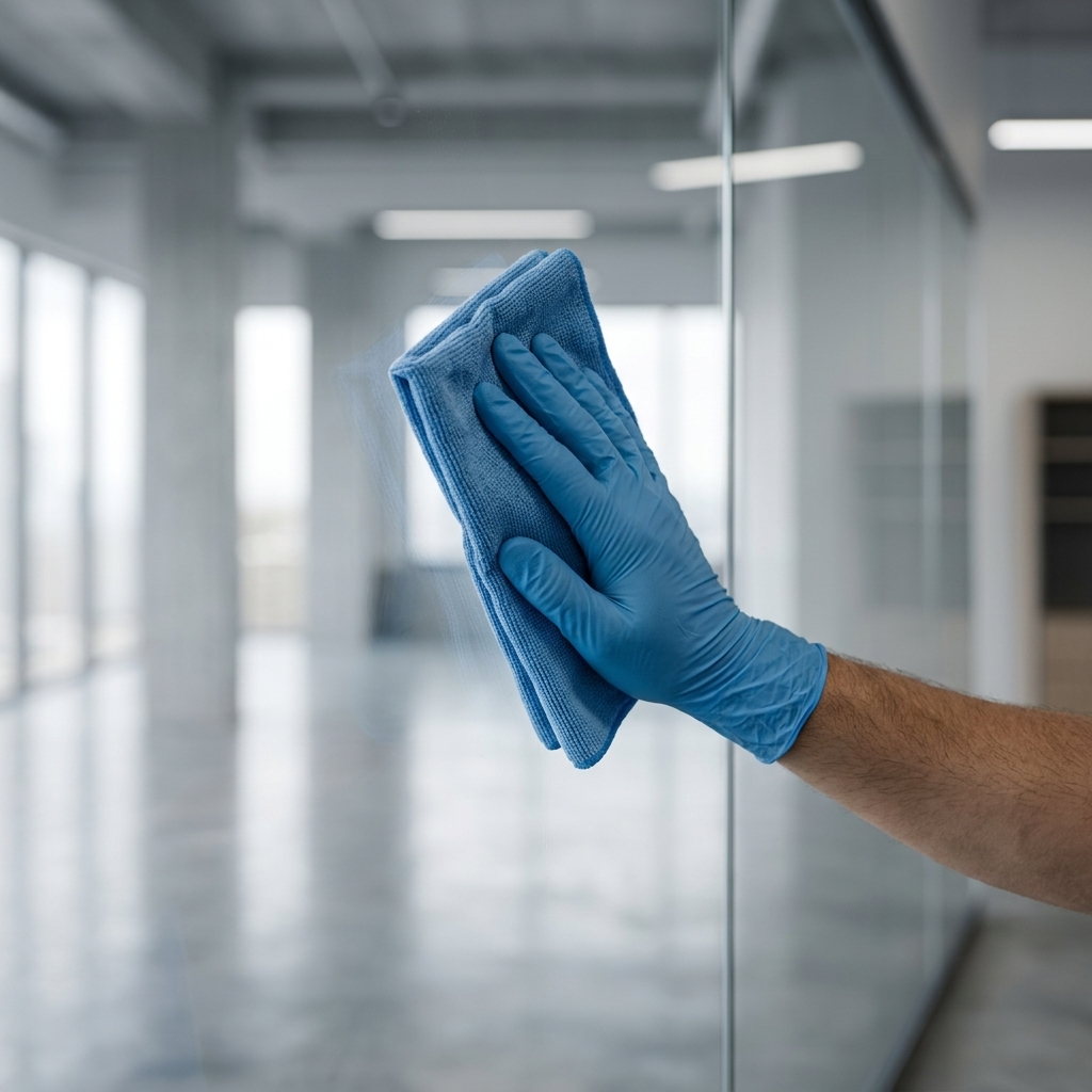 Nettoyage d'une cloison vitrée avec une microfibre