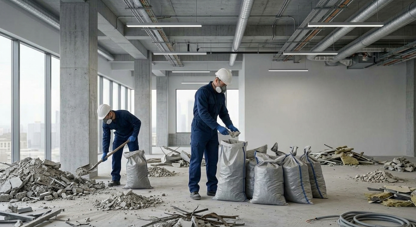 Curage intérieur d'un local avant rénovation, évacuation des gravats
