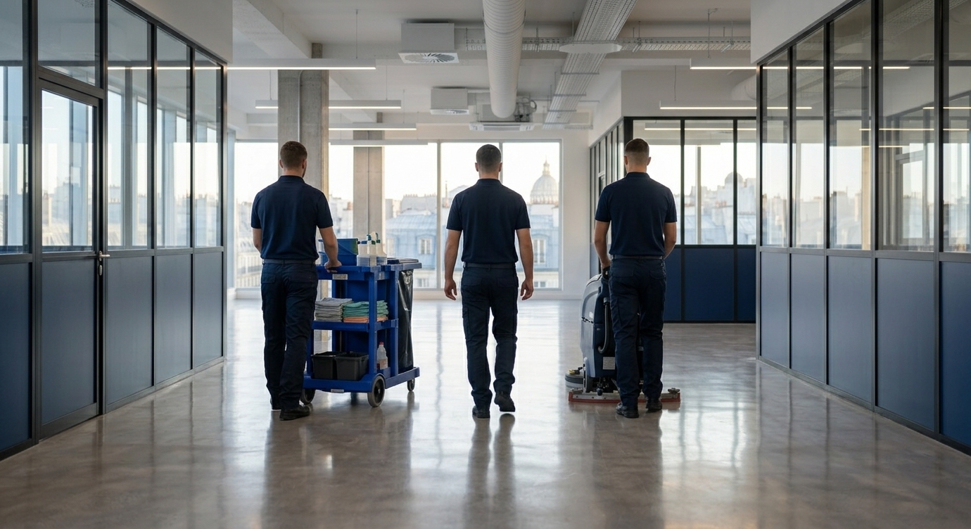 Équipe T-KLEEN avec chariots de nettoyage dans un couloir de bureaux
